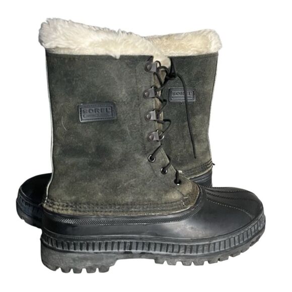 SOREL Black Green Winter Boots CARIBOU Rubber Nubuck Waterproof Mens Size 7 - Picture 1 of 11